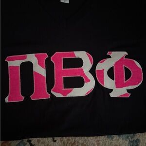 Anvil Black Tee with Pink and White Greek Letters